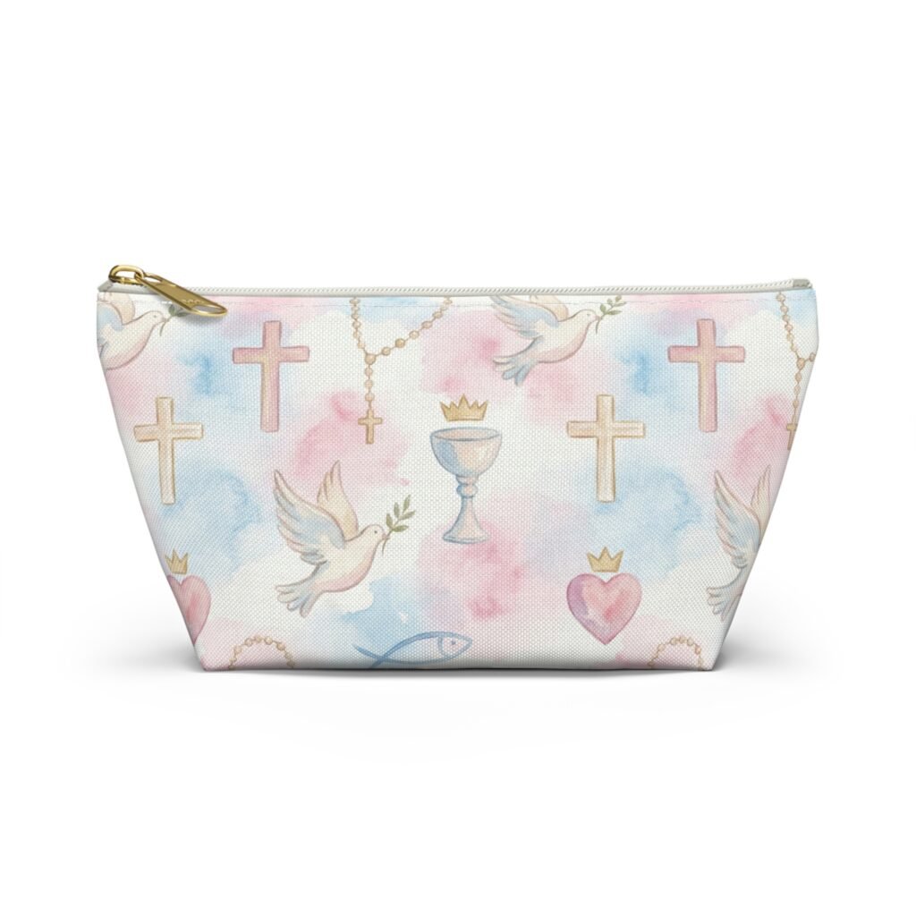 Watercolor Christian symbols accessory pouch | Dove, Cross, Chalice, Rosary